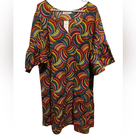 Lapogee Women’s Rainbow Colorful Short Ruffle Sleeve Plus Size Dress Sz 2X - Picture 1 of 11